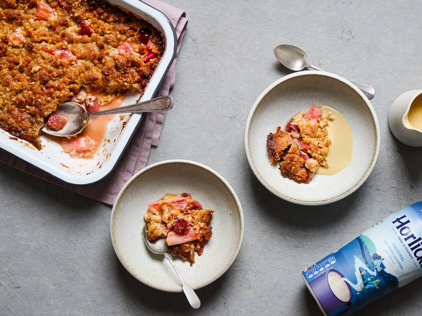 Rhubarb and strawberry crumble with Horlicks custard